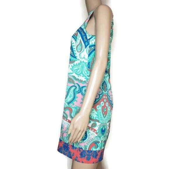 Tracy Negoshian XS Sleeveless Colorful Paisley Print Shift Dress Gold Buttons - Picture 9 of 12